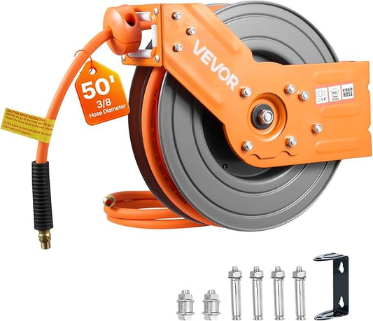 VEVOR Retractable Air Hose Reel, 3/8 Inch x 50 FT Hybrid Air Hose Max 300PSI, Auto Rewind Air-Compressor Hoses Reel with 5 ft Lead in, 180° Swivel Ceiling/Wall Mount for Garage Workshops