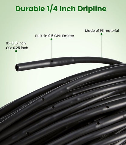 250FT Drip Irrigation Tubing Kit with 1/2 Irrigation tubing, 1/4 inch Dripline, and Irrigation Parts for Garden, Raised Beds, and Greenhouse Watering
