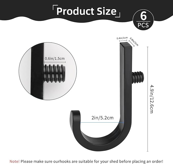 6 Pack J Shaped Tool Hooks Compatible with Suncast & Craftsman Shed Accessories, Black Premium Plastic Shed Hooks for Shed Organization, Garden & Garage Storage Hooks and Hanging Accessories