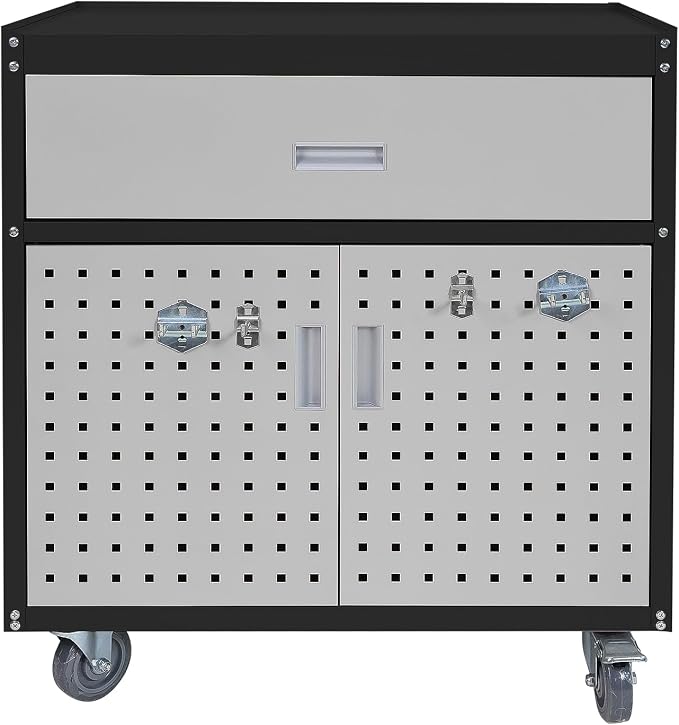 Metal Storage Cabinet with Wheels 30" x 18" x 34" Mobile Metal Garage Cabinet with 1 Drawer & 2 Doors Small Rolling Tool Storage Cabinet with 1 Adjustable Shelf & 4 Hanging Hooks, Black & Gray