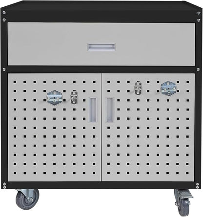 Metal Storage Cabinet with Wheels 30" x 18" x 34" Mobile Metal Garage Cabinet with 1 Drawer & 2 Doors Small Rolling Tool Storage Cabinet with 1 Adjustable Shelf & 4 Hanging Hooks, Black & Gray