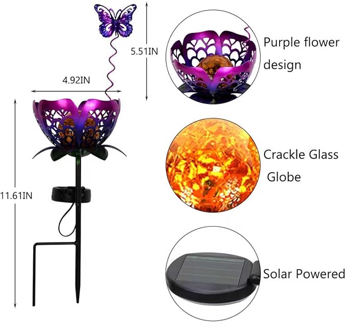 Solar Lights Outdoor Garden Decor, Metal Tulip & Butterfly Decoration Solar Lawn Lamp for Courtyard, Metal Flowers Outdoor Waterproof for Landscape Patio Yard Decor (Purple)