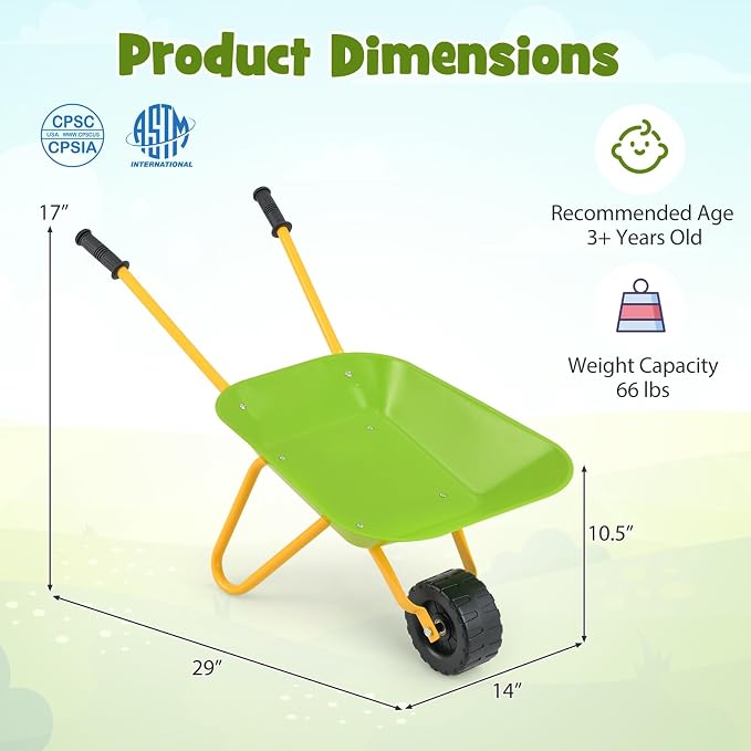 Costzon Kids Wheelbarrow, Metal Construction Toys Kart, Child Wheel Barrel w/Non-Slip Handle, Wearable Wheels, Yard Rover Steel Tray, Tote Dirt/Leaves/Tools in Garden for Toddlers (Light Green)