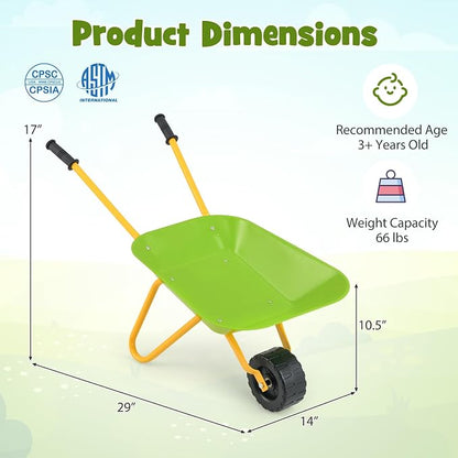 Costzon Kids Wheelbarrow, Metal Construction Toys Kart, Child Wheel Barrel w/Non-Slip Handle, Wearable Wheels, Yard Rover Steel Tray, Tote Dirt/Leaves/Tools in Garden for Toddlers (Light Green)
