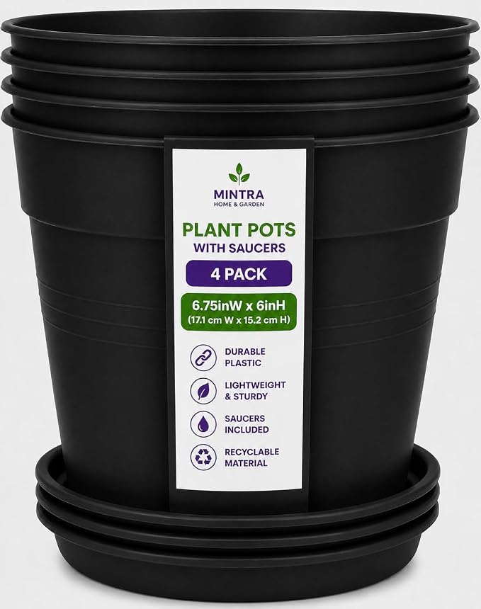 Mintra Garden Pots, 4 Pack Bulk Plastic Plant Pots with Drainage Tray, Round Indoor & Outdoor Decorative Planters with Drain Holes for Flowers, Herbs & Plants, 17cm Diameter – Black, 6.6 in