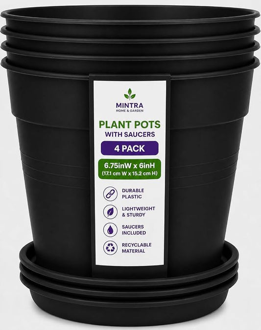 Mintra Garden Pots, 4 Pack Bulk Plastic Plant Pots with Drainage Tray, Round Indoor & Outdoor Decorative Planters with Drain Holes for Flowers, Herbs & Plants, 17cm Diameter – Black, 6.6 in