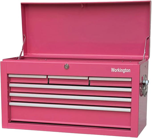 Workington Portable Metal Tool Chest with 6 Drawers, 24" 6-Drawer Tool Chest Cabinet with Ball Bearing Drawer Slides, Steel Tool Storage Box Organizer 4005 Pink