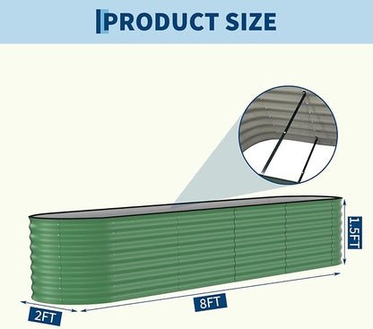Garvee 8x2x1.5ft Galvanized Raised Garden Bed, Oval Metal Planter Box with Anti-Cut Safety Edges, 179 Gallons Rust-Resistant Deep Root Planter for Outdoor Vegetables, Flowers, Herbs, Green