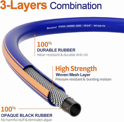 garden hose 50 ft x 5/8Inch, Hybrid Rubber 50 ft water hose, Durable, Anti-UV, Sturdy, No-Leakage, Lightweight, Flexible, Heavy Duty garden hoses with Swivel Handle