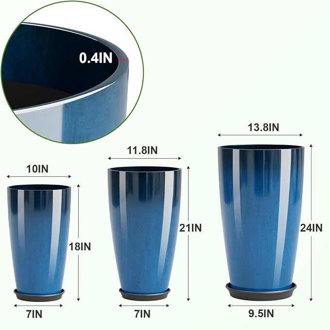 QCQHDU 24, 21, 18 inch Tall Planters for Outdoor Plants, with Drainage Hole & Saucer, Set of 3 Tall Outdoor Planter for Indoor & Outdoor Plants, Modern Home Decor