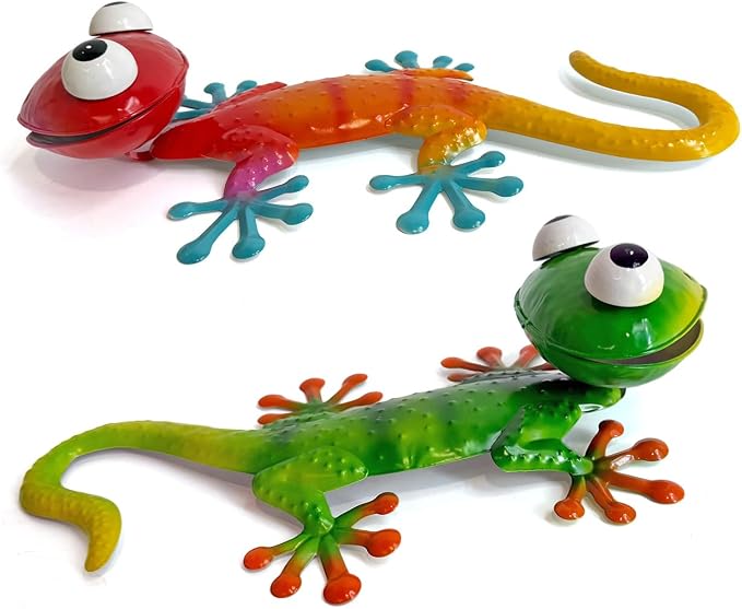 HONGLAND Gecko Metal Wall Art- 15 Inch 3D Lizard Wall Decor Outdoor Garden Sculptures & Statues with Free-Adjustable Head, 2 Pack Yard Decorations for Garden Fence Home