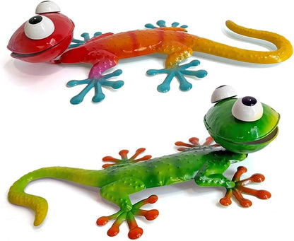 HONGLAND Gecko Metal Wall Art- 15 Inch 3D Lizard Wall Decor Outdoor Garden Sculptures & Statues with Free-Adjustable Head, 2 Pack Yard Decorations for Garden Fence Home