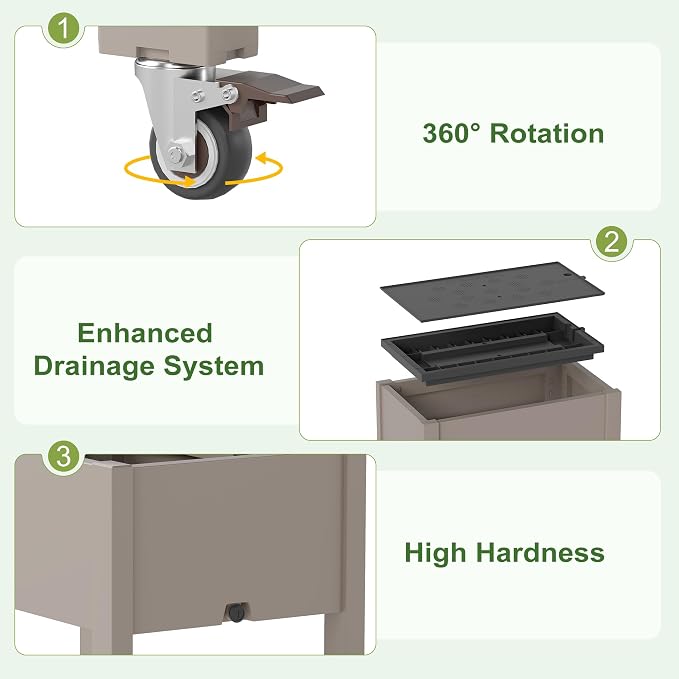 Fancyango Raised Garden Bed with Wheels 26.3" Hx2 -Gray | Resin Elevated Garden Planter Box with Drainage, Outdoor Planter Box for Veggies Herbs Patio Balcony Backyard