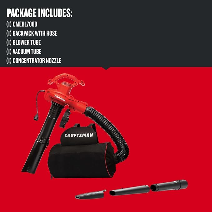 CRAFTSMAN Leaf Blower, Leaf Vacuum and Mulcher, 3-in-1 Backpack Blower, Up to 230 MPH, 12 Amp, Corded Electric (CMEBL700)