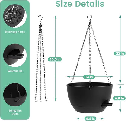 UOUZ 13 Inch 2 Pack Large Self Watering Hanging Planters for Indoor Outdoor Plants, Hanging Plant Pots with Removable 50 Oz Reservoir, Plastic Hanging Basket for Window Porch Garden Balcony, Black