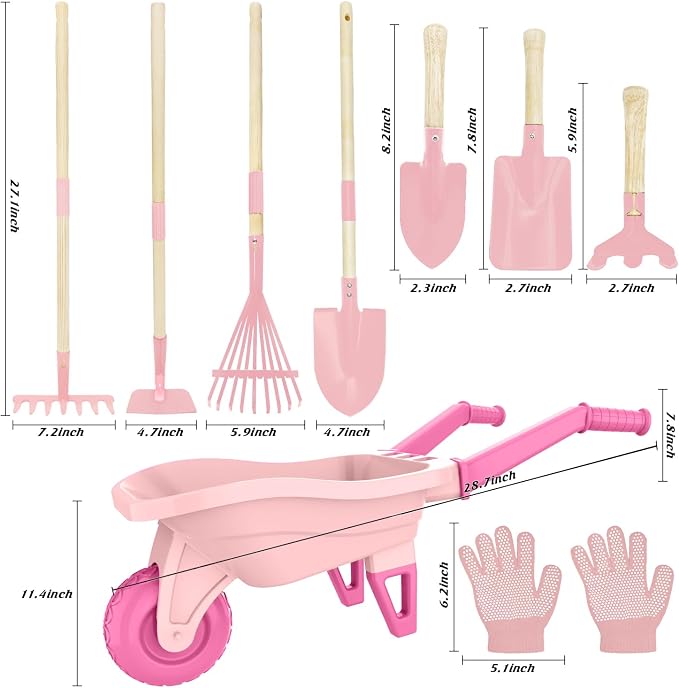 Qtioucp Kids Gardening Set with Wheelbarrow, Real Metal Garden Tools for Kids Ages 3-8, 4 Long Handle Tools, 3 Hand Tool, Gloves, 5 Stickers, Handbook, Outdoor Backyard Toys for Toddler Gift