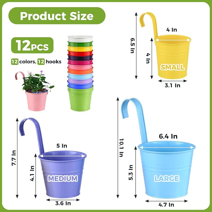 12 Pack Balcony Planters Railing Hanging, Colorful Railing Planter 6.4 Inch Plant Pots with Drainage Holes Hanging Plant Holder Indoor Hanging Planter Outdoor Flower Pots