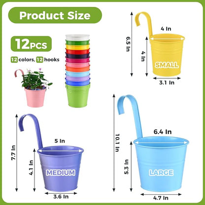 12 Pack Balcony Planters Railing Hanging, Colorful Railing Planter 6.4 Inch Plant Pots with Drainage Holes Hanging Plant Holder Indoor Hanging Planter Outdoor Flower Pots