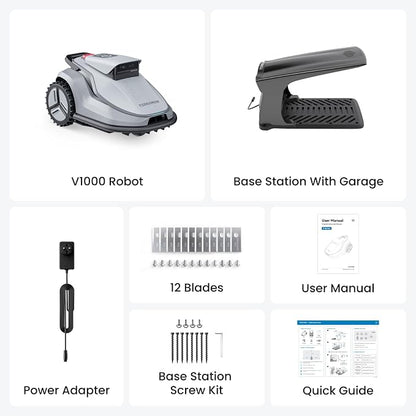 V1000 Robot Lawn Mower with Garage, Max 0.3 Acre, No Wire/RTK, Auto Mapping | Triple-Camera AI Vision Navigation and Obstacle Avoidance, Smart App Control, Multi-Zone Management for Complex Gardens