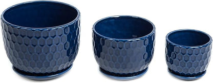 Ceramic Flower Pots with Drainage Hole and Saucer, North European Style Round Indoor Succulent Planters with Honeycomb Inspired Texture Design, Small to Medium-Sized, Set of 3, Navy Blue