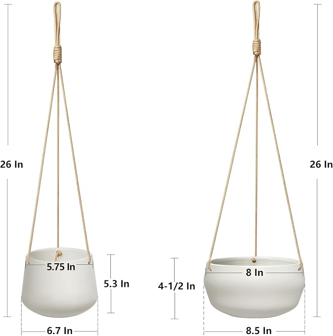 Mkono Ceramic Hanging Planter of Shallow 8 Inch and Deep 6 Inch for Indoor Outdoor Plants, Set of 2 Modern Plant Pot Geometric Porcelain Hanging Basket with Polyester Rope Hanger