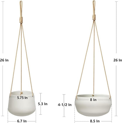 Mkono Ceramic Hanging Planter of Shallow 8 Inch and Deep 6 Inch for Indoor Outdoor Plants, Set of 2 Modern Plant Pot Geometric Porcelain Hanging Basket with Polyester Rope Hanger
