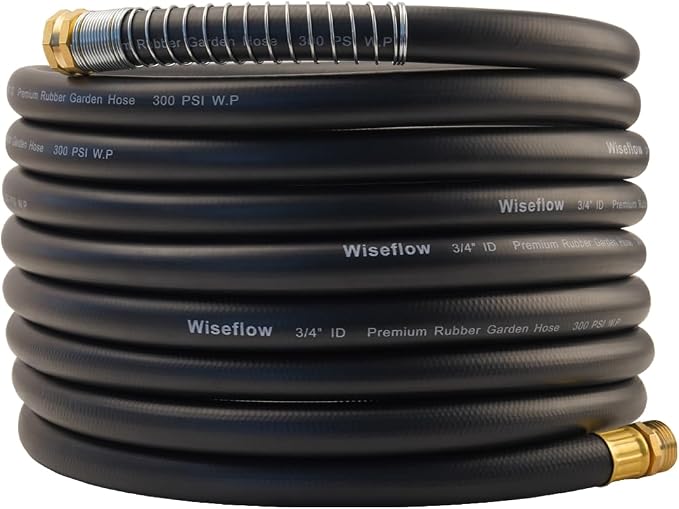 Wiseflow Garden Hose 25FT x 3/4", Heavy Duty Rubber Hose, Water Hose with Five Layered Braiding, Male Female Fittings, 1200PSI Burst, 300PSI Working for Yard, Car Wash, Pets (Black)