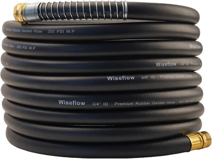 Wiseflow Garden Hose 25FT x 3/4", Heavy Duty Rubber Hose, Water Hose with Five Layered Braiding, Male Female Fittings, 1200PSI Burst, 300PSI Working for Yard, Car Wash, Pets (Black)