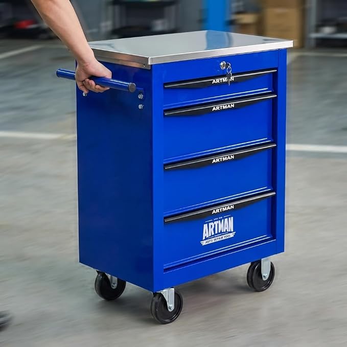 4-Drawer Rolling Tool Chest, Lockable Stainless Worktop for Garage, Blue | Heavy Duty Metal Tool Cabinet with Drawers on Wheels for Warehouse and Workshop Storage
