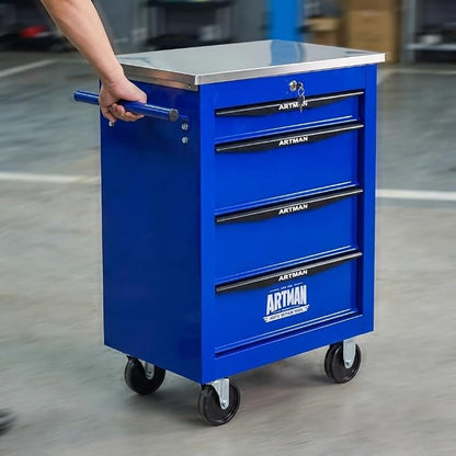 4-Drawer Rolling Tool Chest, Lockable Stainless Worktop for Garage, Blue | Heavy Duty Metal Tool Cabinet with Drawers on Wheels for Warehouse and Workshop Storage