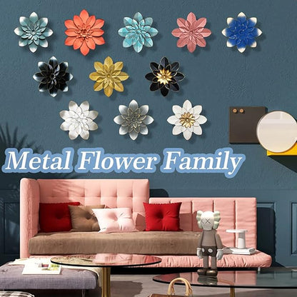 Metal Flower Wall Art Decor, 9.5" Grey Gold Rustic Modern Floral Sculpture | Distressed Iron Wall Hanging Home Decoration Accent for Indoor Kitchen Bedroom Living Room Office Outdoor Garden Patio
