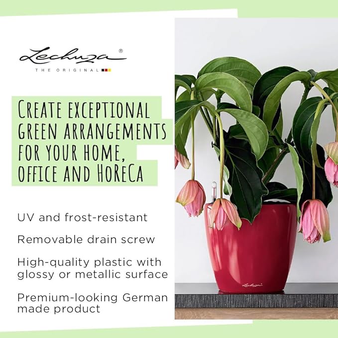 Lechuza Classico LS 43 Black High Gloss, Self-Watering Round Planter, D16.9 H15.7 in