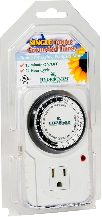 Hydrofarm Autopilot TM01015 Analog Grounded Timer, 1725W, 15A, 15 Minute On/Off, 24 Hour15 Grounded Timer, 15 Amp, 1725 Watt, Black and White