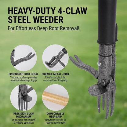 Stand Up Weed Puller with Kick-Out Weed Ejector, No-Bending Long Handle Manual Weed Remover for Lawn & Garden, Foot Pedal Design for Dandelions & Common Weeds