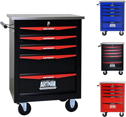 5-Drawer Rolling Tool Chest, Lockable Stainless Worktop for Garage,Black | Heavy Duty Metal Tool Cabinet with Drawers on Wheels for Warehouse and Workshop Storage