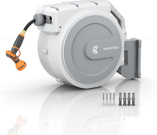 Giraffe Tools Retractable Garden Hose Reel, 5/8 in x 90 ft Heavy Duty Hose Reel With 7 Pattern Nozzle, Any Length Lock, Wall Mount Water Hose Reel, 180°Swivel, Light Grey