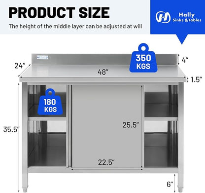 Hally Stainless Steel Cabinet, 24" x 48" NSF Commercial Heavy Duty Prep Workbench with Backsplash and Two Sliding Doors, Large Storage Cabinet, Metal Table for Kitchen, Restaurant, Garage