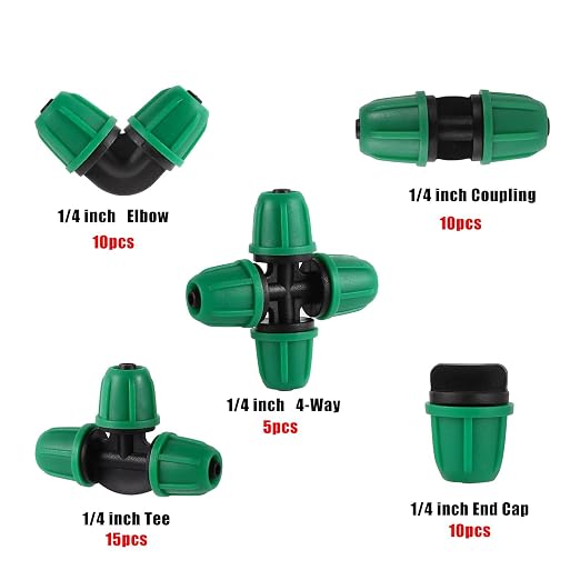 1/4 Inch Drip Irrigation Fittings Kit, 50Pcs Drip Connectors for 1/4" Tubing, Drip Line Connectors with Elbow Coupling Tee 4-Way End Cap, Irrigation Parts for Garden Greenhouse Flower Garden Watering