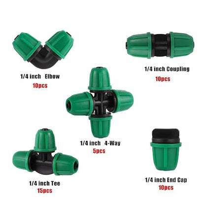 1/4 Inch Drip Irrigation Fittings Kit, 50Pcs Drip Connectors for 1/4" Tubing, Drip Line Connectors with Elbow Coupling Tee 4-Way End Cap, Irrigation Parts for Garden Greenhouse Flower Garden Watering