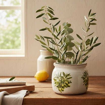 Xiaan Jiaju Mediterranean Ceramic Plant Pots with Olives Branches Pattern, 6.3 Inch Tuscan Planter for Indoor Plants, Rustic Farmhouse Home Kitchen Decor, Tuscan Vase for Centerpiece, Olive Green