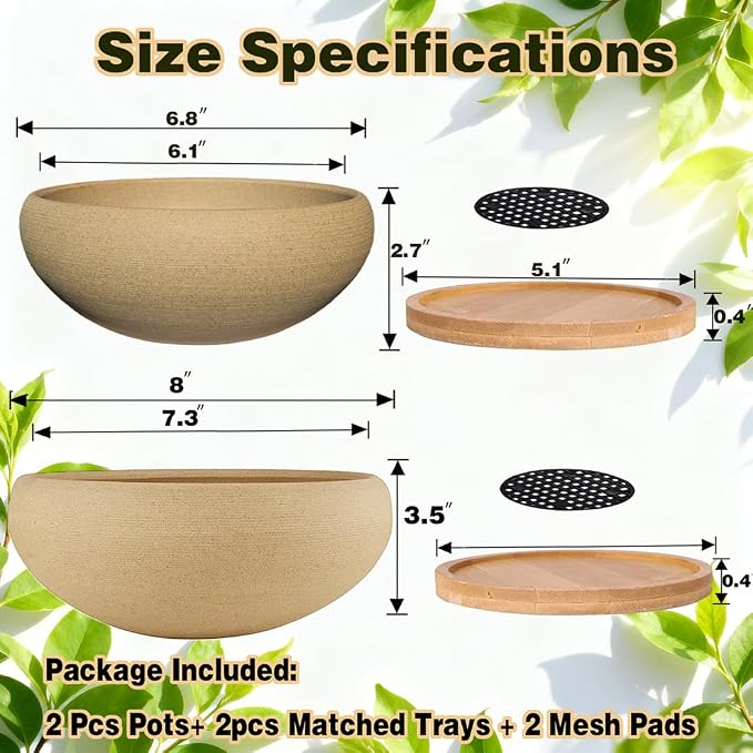 MUZHI 2 Pack 8+6 Inch Plant Pot - Natural Unglazed Ceramic Bonsai Pot with Bamboo Saucer, Large Vintage Clay Shallow Planter Pot with Drainage Hole