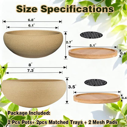 MUZHI 2 Pack 8+6 Inch Plant Pot - Natural Unglazed Ceramic Bonsai Pot with Bamboo Saucer, Large Vintage Clay Shallow Planter Pot with Drainage Hole
