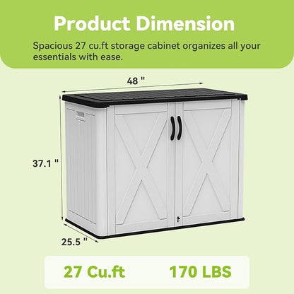 Devoko 26 Cu Ft Resin Outdoor Storage Cabinet, White | Horizontal Plastic Storage Shed with Lockable Door, Water-Resistant Backyard Storage Box for Garden Patio, Shelf Not Included