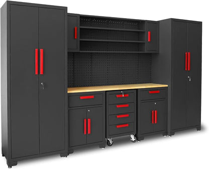Torin Garage Storage Cabinets System, 8-Pcs Workshop Cabinet Set in Black | Included Steel Cabinets Drawers Rolling Chest and Pegboard,Locked Garage Storage Cabinet