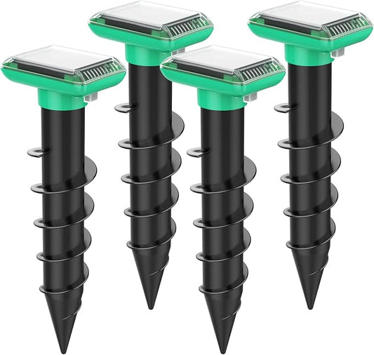 Mole Repellent Solar Powered, Snake Repellent for Yard, Squirrel Repellent Outdoor, Ultrasonic Deterrent Stakes, Get Rid for Gopher, Vole, Deer, Groundhog for Lawns Garden, 4 Pack, Green