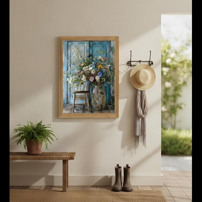 Vintage Wildflower Daisy Wall Art Framed Canvas, Rustic Floral Still Life Vase Painting, Farmhouse Daisy Wall Decor, Cottagecore Flower Decor for Living Room Bedroom Bathroom 8x10 Inch