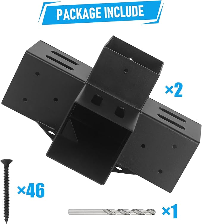 Woodworks 4x4 Pergola Brackets - 4-Way 90 Right Angle Corner Extension Brackets for 4x4 Inch Lumber (2PCS) - Black Powder Coated Modular Sizing Pergola/Gazebo Hardware