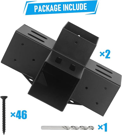 Woodworks 4x4 Pergola Brackets - 4-Way 90 Right Angle Corner Extension Brackets for 4x4 Inch Lumber (2PCS) - Black Powder Coated Modular Sizing Pergola/Gazebo Hardware