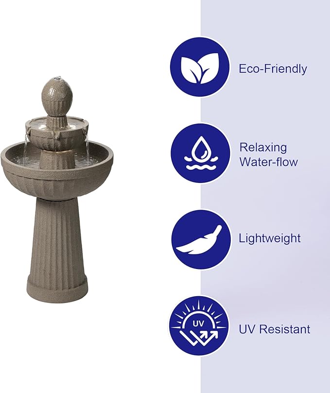 37.80” H Outdoor Water Fountain Made with Eco-Friendly Recyclable Materials, Polyethylene Cascading Waterfall Water Fountain Outdoor, Garden Decor with LED Light for Patio, Backyard (Andesite)