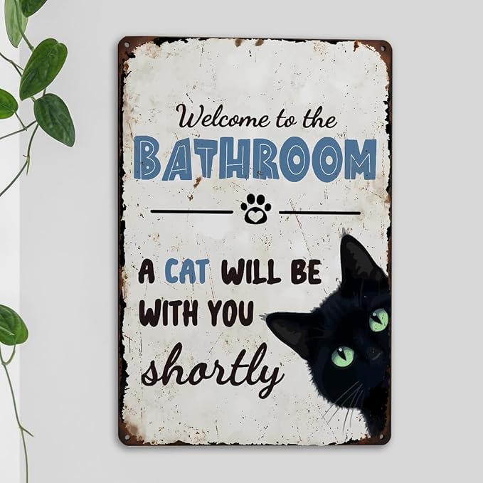 mmiishe Metal Signs Black Cat Lover Gifts for Women Men Funny Cat Bathroom Decor Vintage Metal Wall Decor for Restroom Toilet Powder Room Wall Art Plaques 8x12 Inches Bathroom Accessories
